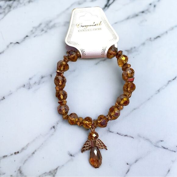 Champagne Color Crystal Angel Charm Beaded Stretch Gold Tone Bracelet NWT - Picture 1 of 2
